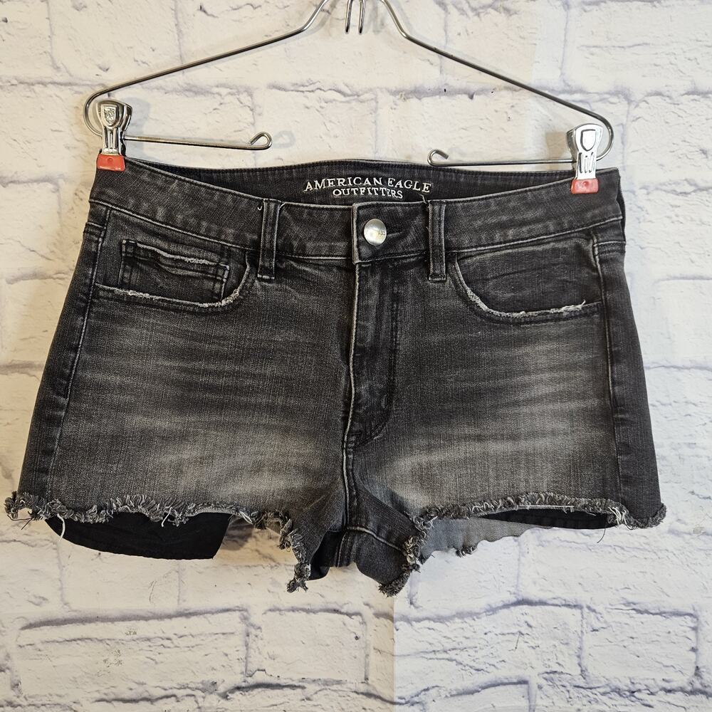 American Eagle Hi Rise Shortie Black Denim Shorts Size 12 Super Stretch